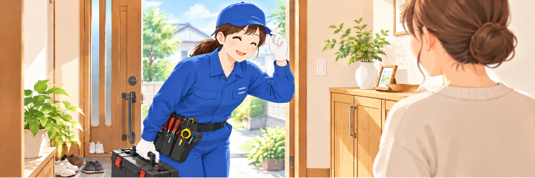 工具箱を持った作業員が玄関先で挨拶し、お客様が出迎えている様子（イメージ）