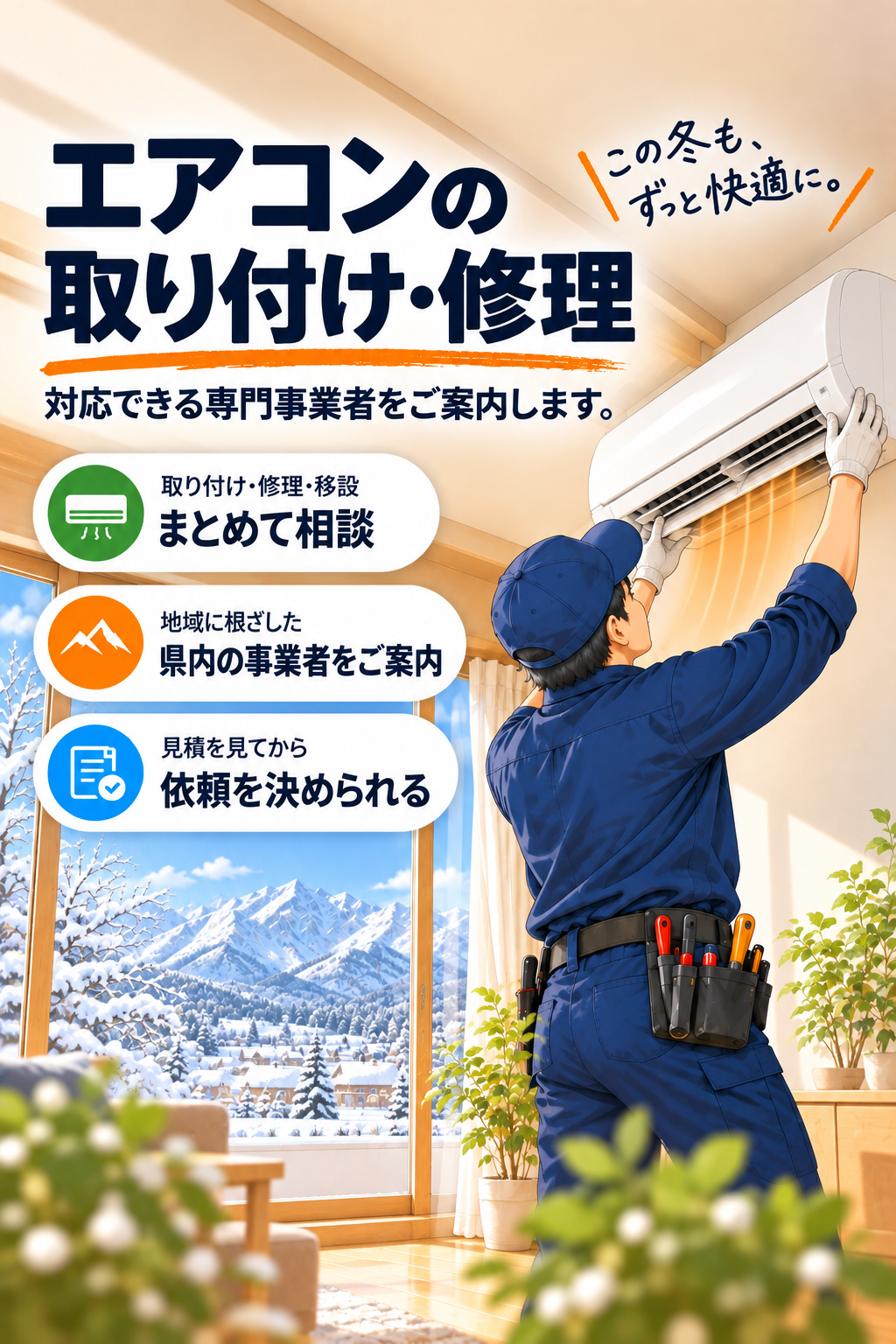 作業員が壁掛けエアコンを取り付けているイラスト